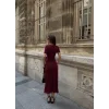 Osy Modal Yumuşak Dokulu Kumaş Bisiklet Yaka Kısa Kollu Kuşaklı Uzun Elbise - Bordo