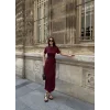 Osy Modal Yumuşak Dokulu Kumaş Bisiklet Yaka Kısa Kollu Kuşaklı Uzun Elbise - Bordo