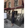 Osy Modal Yumuşak Dokulu Kumaş Bisiklet Yaka Kısa Kollu Kuşaklı Uzun Elbise - Füme