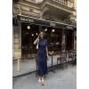 Osy Modal Yumuşak Dokulu Kumaş Bisiklet Yaka Kısa Kollu Kuşaklı Uzun Elbise - Mavi