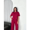 Osy Modal Yumuşak Dokulu Kumaş Bisiklet Yaka T-shirt Bol Paça Pantalon Ikili Takım -Bordo