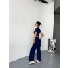 Osy Modal Yumuşak Dokulu Kumaş Kısa Kollu Crop Alt Ispanyol Paça Pantalon Ikili Takım - Lacivert