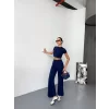 Osy Modal Yumuşak Dokulu Kumaş Kısa Kollu Crop Alt Ispanyol Paça Pantalon Ikili Takım - Lacivert