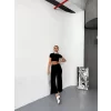 Osy Modal Yumuşak Dokulu Kumaş Kısa Kollu Crop Alt Ispanyol Paça Pantalon Ikili Takım - Siyah