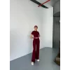 Osy Modal Yumuşak Dokulu Kumaş Kısa Kollu Crop Rahat Pantalon Ikili Takım - Bordo