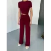 Osy Modal Yumuşak Dokulu Kumaş Kısa Kollu Crop Rahat Pantalon Ikili Takım - Bordo