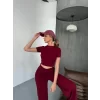 Osy Modal Yumuşak Dokulu Kumaş Kısa Kollu Crop Rahat Pantalon Ikili Takım - Bordo