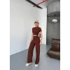 Osy Modal Yumuşak Dokulu Kumaş Kısa Kollu Crop Rahat Pantalon Ikili Takım - Kahverengi