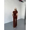 Osy Modal Yumuşak Dokulu Kumaş Kısa Kollu Crop Rahat Pantalon Ikili Takım - Kahverengi