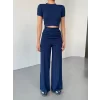 Osy Modal Yumuşak Dokulu Kumaş Kısa Kollu Crop Rahat Pantalon Ikili Takım - Lacivert