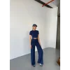 Osy Modal Yumuşak Dokulu Kumaş Kısa Kollu Crop Rahat Pantalon Ikili Takım - Lacivert