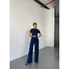 Osy Modal Yumuşak Dokulu Kumaş Kısa Kollu Crop Rahat Pantalon Ikili Takım - Lacivert