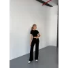 Osy Modal Yumuşak Dokulu Kumaş Kısa Kollu Crop Rahat Pantalon Ikili Takım - Siyah