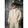 Oversize Tam Fermuarlı Uzun Kol Hırka - Bej