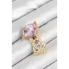 Pembe Zirkon Taşlı Kap Detaylı Kedi Figürlü Gold Renk Kadın Broş
