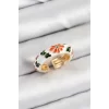Pirinç Beyaz Mineli Çiçek Motifli Gold Renk Ayarlanabilir Kadın Yüzük