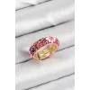 Pirinç Fuşya Mineli Çiçek Motifli Gold Renk Ayarlanabilir Kadın Yüzük