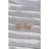Pirinç Gold Renk Fiyonk Detay İncili Zirkon Taşlı Kalp Küpe