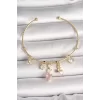 Pirinç Gold Renk Sallantı Zirkon Taşlı Kalp Figür Pembe Kalp Detay Charm Kadın Bileklik