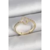 Pirinç Gold Renk Zirkon Taşlı Beyaz Mineli Yonca Model Ayarlanabilir Kadın Yüzük