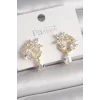 Pirinç Gold Renk Zirkon Taşlı Çiçek Model Sallantı Damla Detay Kadın Küpe