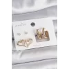 Pirinç Gold Renk Zirkon Taşlı Halka Model Kalp Detay 3 Çift Kadın Küpe Seti