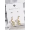 Pirinç Gold Renk Zirkon Taşlı İncili Sallantılı İşlemeli Damla Model 3 Çift Kadın Küpe Seti