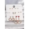 Pirinç Gold Renk Zirkon Taşlı Sallantı Kalp Figür 7 Çift Kadın Küpe Seti