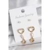 Pirinç Gold Renk Zirkon Taşlı Sallantı Kalp Model Kadın 3 Çift Küpe Seti
