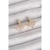 Pirinç Gold Renk Zirkon Taşlı V Model Küpe