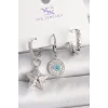 Pirinç Gold Renk Zirkon Taşlı Yıldız Model Nazar Boncuk Detay 3Lü Kadın Kombin Küpe