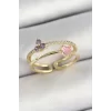 Pirinç Kalp Ve Çiçek Figürlü Zirkon Taşlı Gold Renk Ayarlanabilir Kadın Yüzük