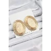 Pirinç Mermer Desenlli Bej Sedef Oval Vintage Model Gold Renk Kadın Küpe
