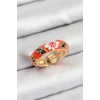 Pirinç Turuncu Mineli Çiçek Motifli Gold Renk Ayarlanabilir Kadın Yüzük