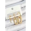 Pirinç Zirkon Taşlı Dikdörtgen Model Gold Renk 3lü Çift Kadın Küpe Set