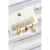 Pirinç Zirkon Taşlı Halka Model Gold Renk 3lü Çift Kadın Küpe Set