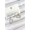 Pirinç Zirkon Taşlı Kalp Model Gümüş Renk 3lü Çift Kadın Küpe Set
