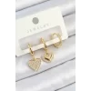 Pirinç Zirkon Taşlı Sallantılı Kalp Model Gold Renk 3lü Çift Kadın Küpe Set