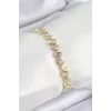 Pirinç Zirkon Taşlı Sıralı Damla Kalp Ve Dikdörtgen Model Gold Renk Kadın Bileklik