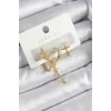 Pirinç Zirkon Taşlı Yıldız Model Gold Renk 3lü Çift Kadın Küpe Set