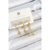 Pirinç Zirkon Taşlı Yıldız Model Gold Renk 3lü Çift Kadın Küpe Set