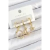 Pirinç Zirkon Taşlı Yıldız Ve Ay Model Gold Renk 3lü Çift Kadın Küpe Set