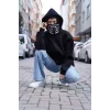 Luz&Pos Samuray Kapşonlu Zıp Fermuarlı Çift Kapşonlu Nakışlı Sweatshirt- Siyah