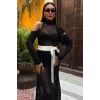 Saten Kuşaklı Ajurlu Triko Elbise 2847