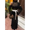 Saten Kuşaklı Ajurlu Triko Elbise 2847
