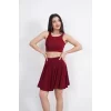 Sendy Kumaş Bisiklet Yaka Crop Şortlu Etek Ikili Takım - Bordo