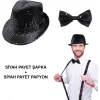 Siyah Payetli Şapka Ve Papyon Seti – Parıltılı Yetişkin Kostüm Seti