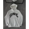 Üç İplik Kapşonlu Baskılı Oversize SweatShirt-  Beyaz