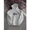 Üç İplik Kapşonlu Baskılı SweatShirt - Beyaz