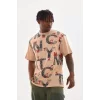 Unisex Baskılı Oversize T-Shirt - Bej
